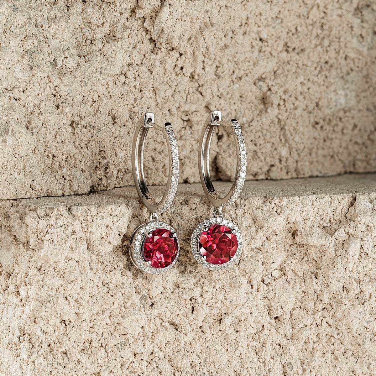 Astra 7.10ct Lab Ruby and Diamond Drop Halo Round Cut Earrings in Silver
